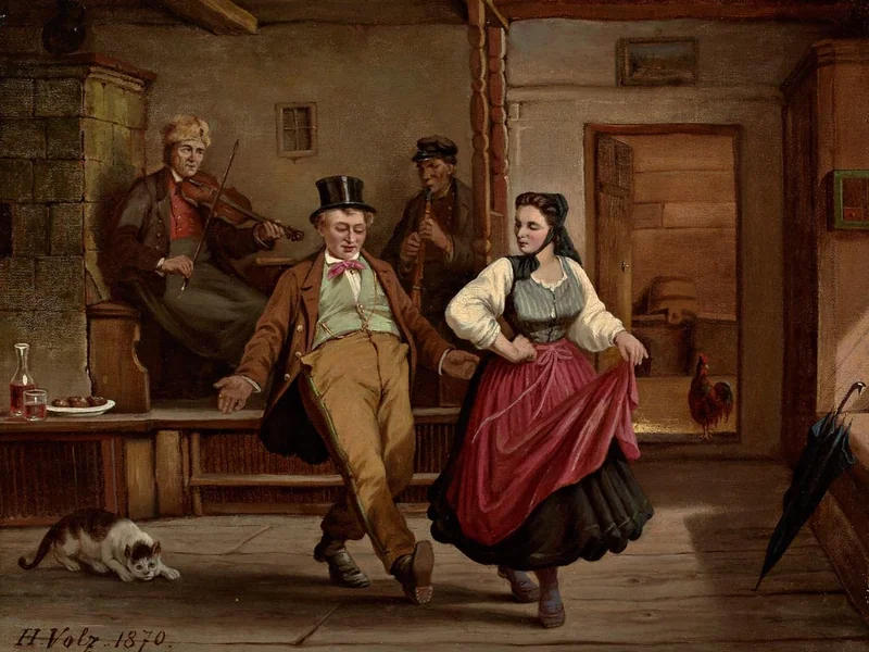 1814-Hermann Volz - Coppia di ballerini e musicisti in una stanza, 1870